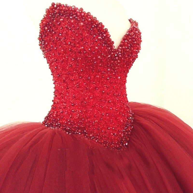 Red Beaded Crystal Ball Gown Dress - in 4 clolors
