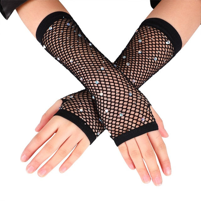 Stage Performance Elastic Diamonds Mesh Gloves